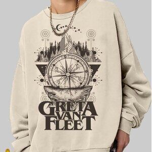 Greta Van Fleet Crewneck Beige Brown Medium Band Concert Merch Rock Tee Style
